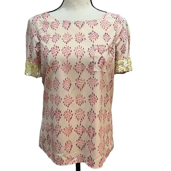 Gryphon New York Pink Printed Short Sleeve silk Sequin Pocket Tee Top size small - Picture 11 of 11